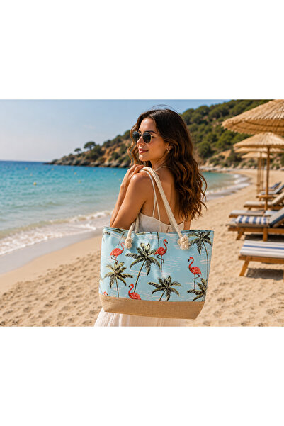 violena Flamingo Paradise Büyük Boy Plaj Çantası – Halat Saplı, Fermuarlı, Da...