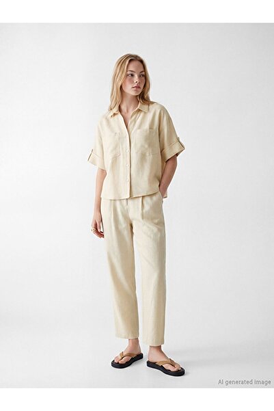 LC Waikiki Xside Beige Linen Blended Women's Pleated Pants