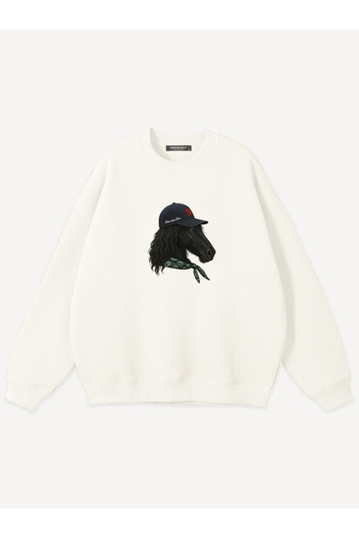 Mad&Calf Unisex Stylish Horse Printed Crew Neck Oversize Sweatshirt