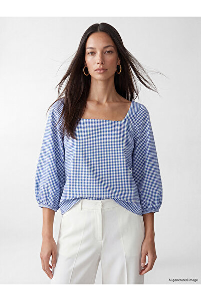 LC Waikiki Trendlucky Square Neck Plaid Blouse with Difference in Color