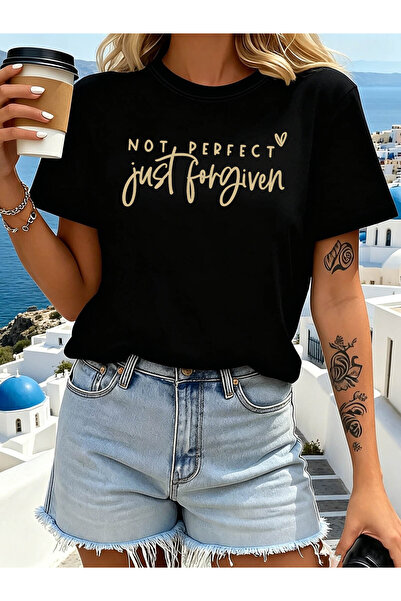 212Wear تي شيرت نسائي بياقة دائرية مطبوع عليه عبارة 'Not Perfect Just Forgive...