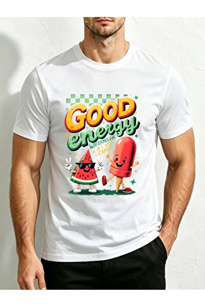 1001 Line Retro Vintage Style, Men'S T-Shirt, Good Energy Watermelon Ice Crea...