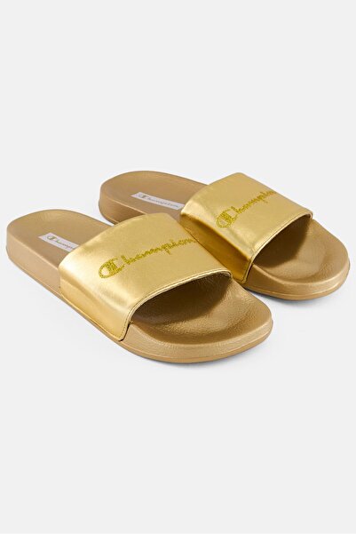 Champion Women Queens Brand Logo Slip On Slides, Gold