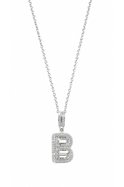 POSEİDONS JEWELLERY Zirkon Taşlı B Harfi Gümüş Renk Çelik Harf Kolye