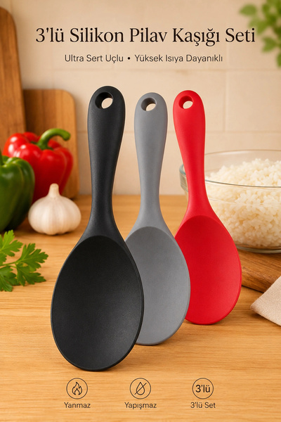 Tilbe Home Silikon Pilav Kaşığı Ultra Sert Uçlu Yanmaz Yapışmaz Isıya Dayanıklı Kırmızı Servis Yemek Kaşığı