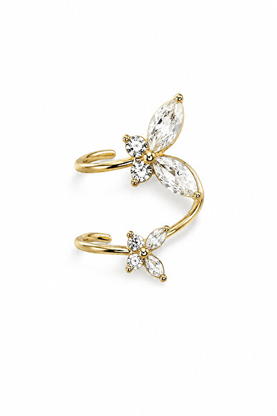 POSEİDONS JEWELLERY Gold Renk Zirkon Taşlı Çiçek Kıkırdak Küpesi Ear Cuff Kad...