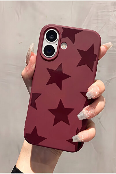 KVK PRİVACY iPhone 16 Uyumlu Bordo Kabartmalı Yıldız Desenli Kadifemsi Soft T...