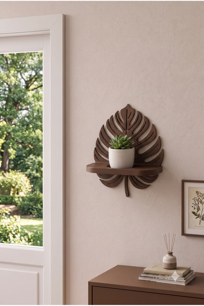 Smug Design 3D Dekoratif Monstera Yaprak Duvar Rafı - Sukulent ve Mum Standı