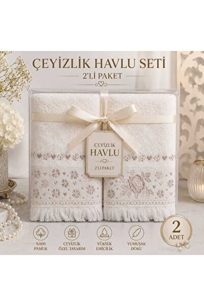 hulia home 2-Piece Towel Set, Dowry Set, Embroidered, 100% Cotton, Fringed Ha...