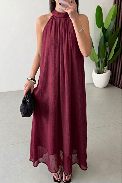 Lovely butik Rochie maxi boemă lejeră cu guler halter - șifon creponat