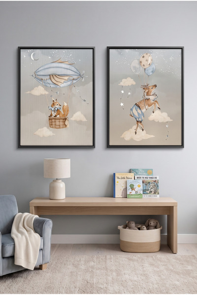 Jasmine Art Dreamy Fox and Deer Balloon Kids Wall Art | Portrait Framed Canva...
