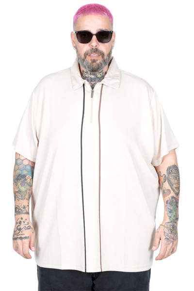 ModeXL Mode XL Large Size T-Shirt Polo with Zipper 26580 Beige