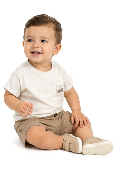 bebegen Baby Boy Soft Green Car Emblem Beige Shorts Set of 2
