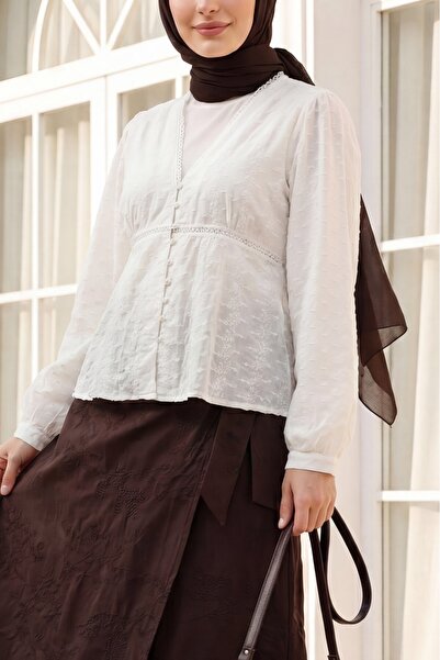 Modamorfo Buttoned Front V-Neck Laced Embroidered Transparent Blouse -Beige