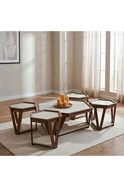 Danube Home Kamile Hexagonal 4+1 Coffee Table Set - Cream/Walnut - Stylish Li...