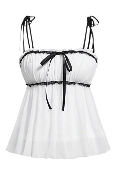 OEM Maiou de somn dama, alb cu negru, din dantela, S