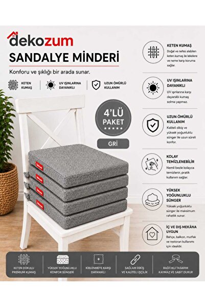 DEKOZUM COMFORT PLUS Sandalye Koltuk Minderi 40x40 Bağcıklı Fermuarlı Yıkanab...