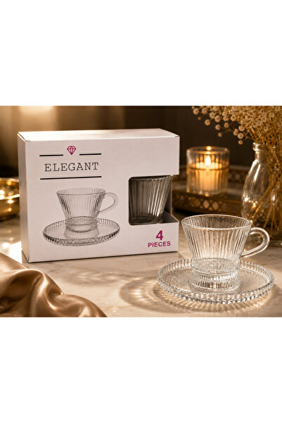 Generic Glass Tea Cup and Saucer Set – 4-Piece Elegant Striped Design