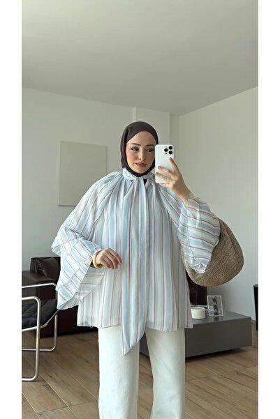 manana fashion Kolları Volanlı Şifon Fularlı Astarlı Yazlık Bluz