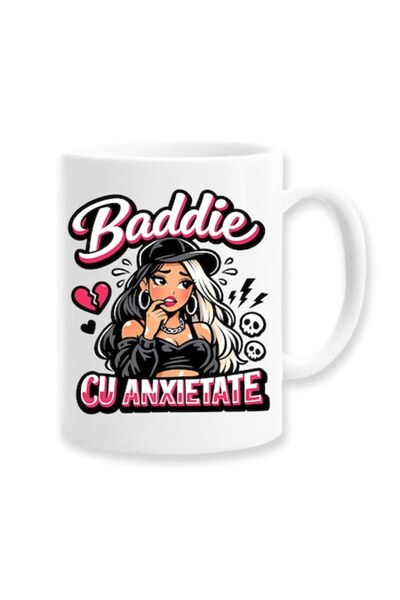 OEM Cană cu mesaj amuzant: "Baddie cu anxietate", albă, 330ml, ceramică