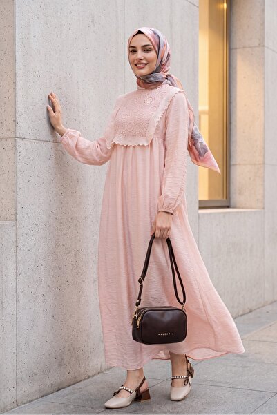 Modamorfo Removable Lace Vest, Elastic Sleeves, Lined Wrinkled Dress - Powder