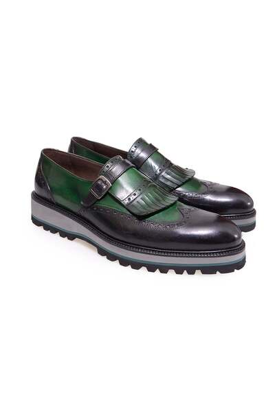 FRANCO CALVANI Black - Green Color Laceless Genuine Leather Men's Shoes