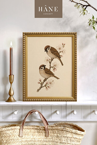Hane Concept Vintage Kuşlu Çiçek Dalı Çerçeveli Tablo, Kuş ve Çiçek Temalı Çe...