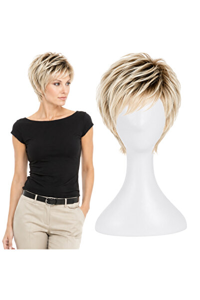 Korbi Perucă scurtă de cosplay pentru femei, de culoare blondă, cu breton