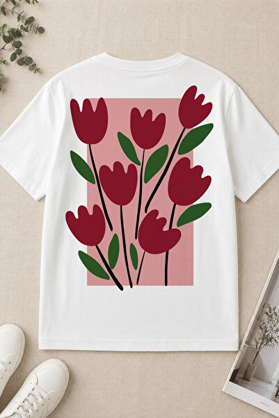 Spoyi 100% pamučna polu-oversize bela majica sa dizajnom tulipanovog vrta