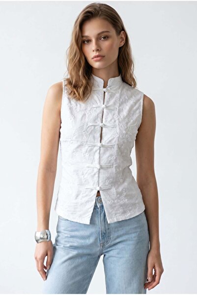 Mixray 2141 Women's Embroidered Chinese Button Detailed Zero Sleeve Blouse White
