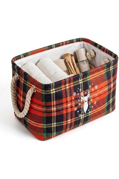 Yıldızan Sna Shop Plaid Deer Patterned Medium Size Foldable Fabric Storage Bo...
