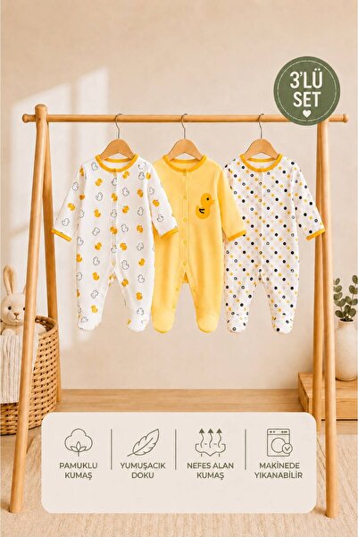 minova baby 3lü ördekli Bebek Tulum Seti Pamuklu Yenidoğan Uzun Kollu Çıtçıtl...