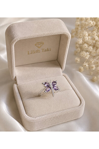 Lilith Takı Adjustable Steel Ring with Purple Stone Dragonfly Figure – Elegan...