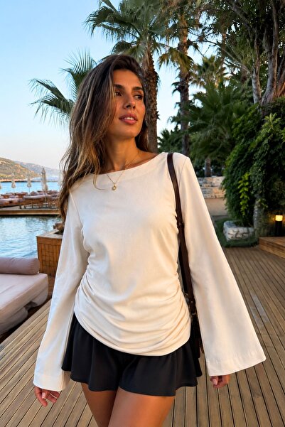 armonika Women's Light Beige Boat Neck Blouse with Gathered Sides and String ...