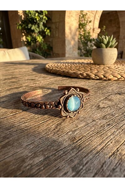 Meneva Aksesuar Special Design Adjustable Copper Bracelet with Blue Cat's Eye...