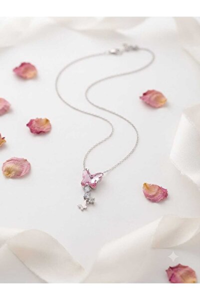 Papatya Silver 925 Ayar Gümüş Rodyum Kaplama Tasarım Pembe Taşlı Kelebek Kolye