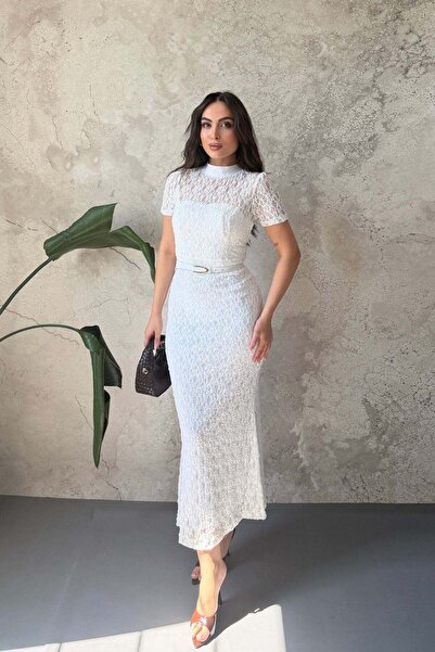 Elbee Fashion Woman Beyaz Dantel Detaylı Elbise