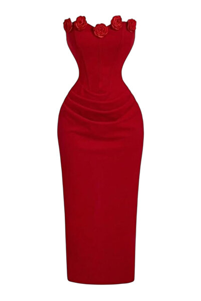 OEM Rochie eleganta, rosie, cu detalii trandafiri, S