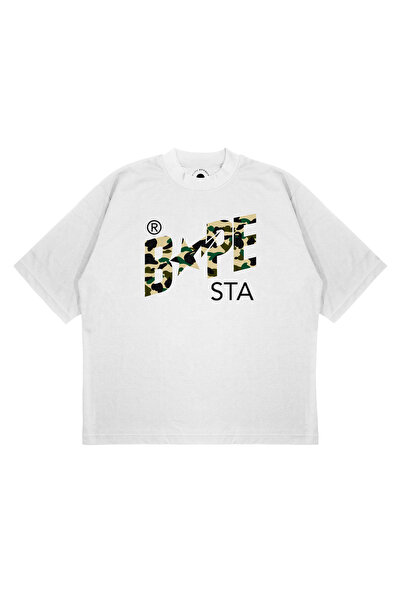 PURE EFFECT Unisex Oversize Bape 1St Sta Printed Boxy Fit Thick Fabric T-Shirt