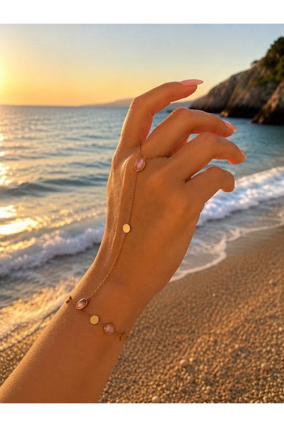 yes ticaret Pink Stone Detailed Gold Color Steel Şahmeran Hand Chain Women's Bracelet