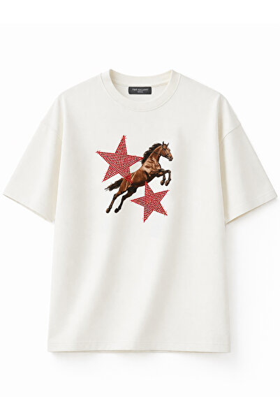 Fer Valiant Tricou unisex Star Horse cu imprimeu cu strasuri, supradimensiona...