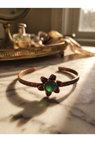 Meneva Aksesuar Special Design Adjustable Copper Bracelet with Jade Natural S...