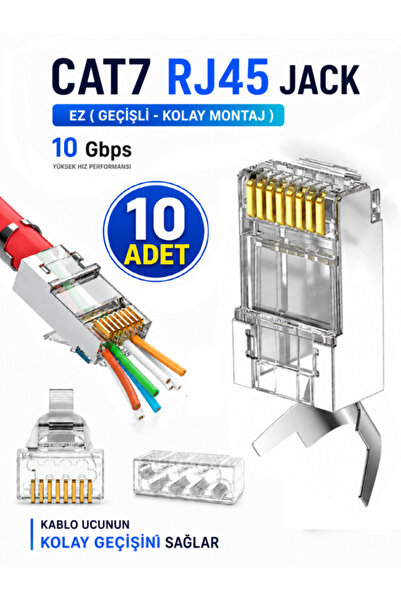 Vwin 10 Adet Cat7 Jack Ez Rj45 Metal Konnektör FTP/SFTP 8 Pin Kemerli Kolay Geçişli +Cat6