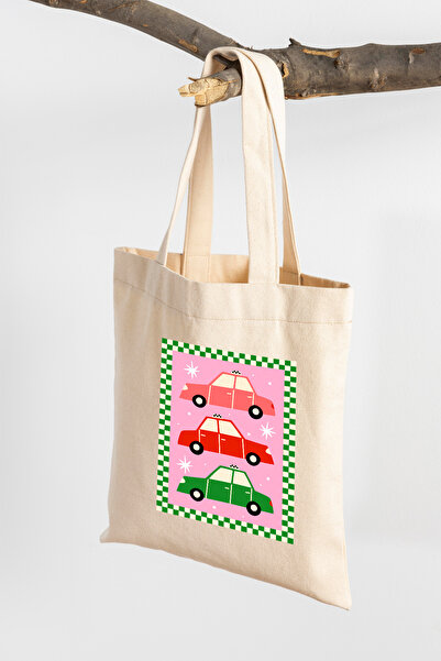 Paytak Moda Car Printed Linen Fabric Shoulder Bag Pytkbc1002