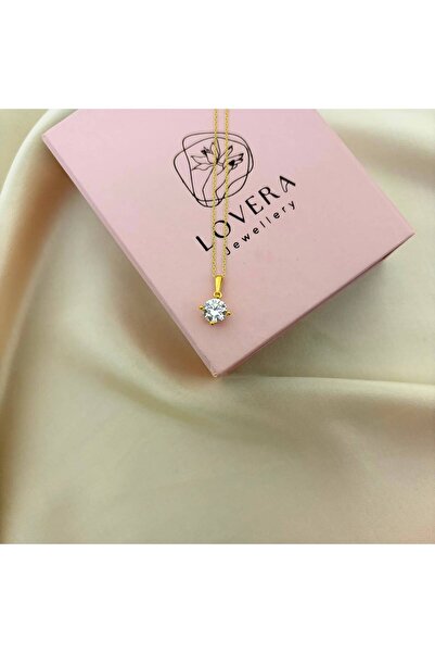Lovera Jewellery 925 Ayar Gümüş Sertifikalı 14K Gold Renk Tek Taş Kolye