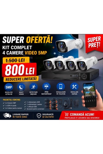 Hikvision Kit/sistem Complet de supraveghere video cu 4 camere FULL HD 5 MP S...