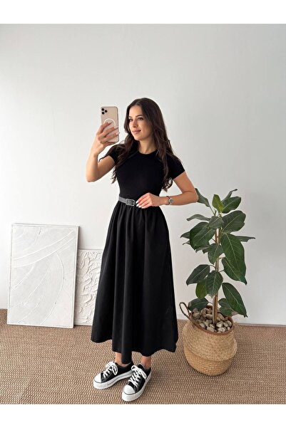 Jöns Butik تنورة ماكسي نسائية بتفاصيل حزام، ياقة دائرية، أكمام قصيرة، تنورة ط...