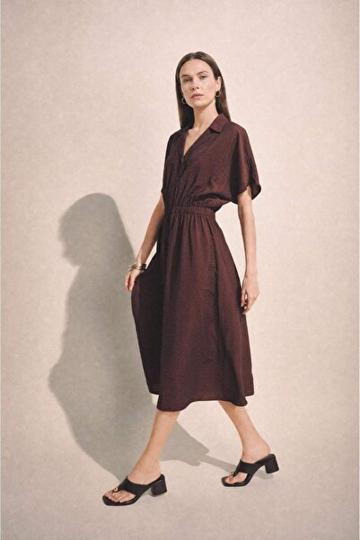 DeFacto A-Line Jacket Collar Gathered Waist Batwing Sleeve Midi Dress H8736Ax...