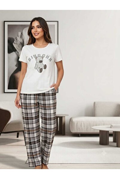 Genenic Women's Cotton Pajamas - Bear Print T-Shirt with Checkered Pants