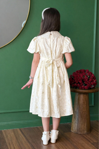 JO FASHION Girls' Dress with Circle Pattern and Embossed Rose in Beige Color